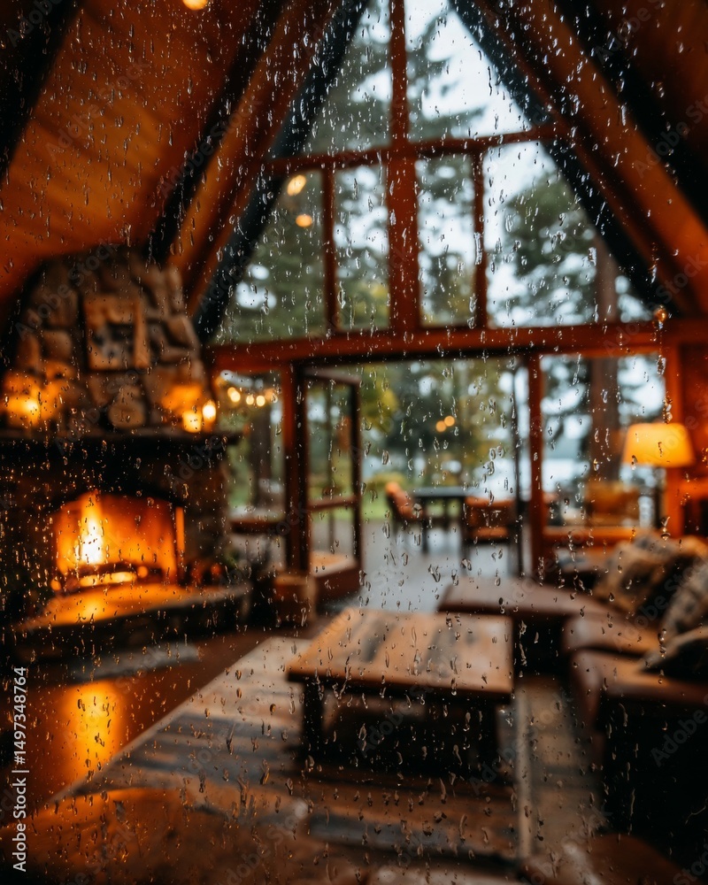 Cozy Cabin Interior with Rain on Window and Fireplace Cozy Cabin Interior with Rain on Window and Fireplace