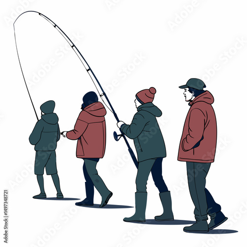 A group of fishermen in winter clothes walking together with a fishing rod against a transparent background