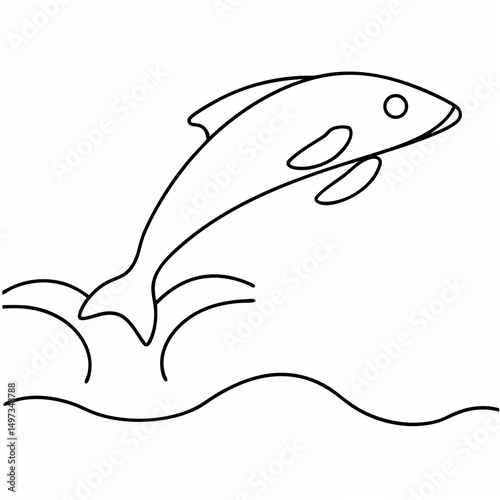 A simple linear vector depiction of a jumping fish above the waves on white background with transparency