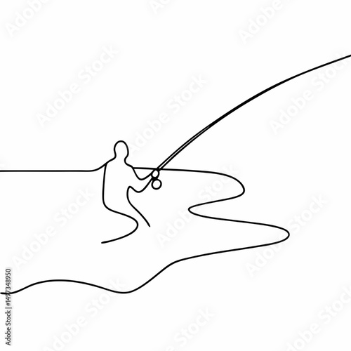 Abstract one line illustration of fisherman casting a line on a white background ideal for design projects
