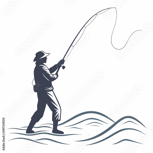 Angler fishing with a rod silhouette on a transparent background suitable for outdoors adventure design concepts