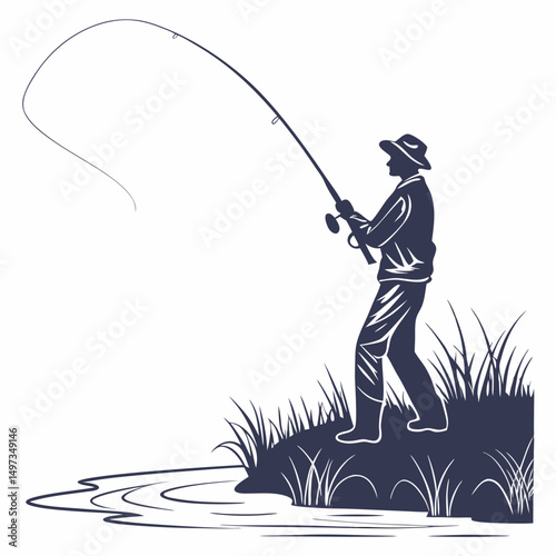 Angler fishing silhouette near water and grass with curved fishing pole recreation theme and design element