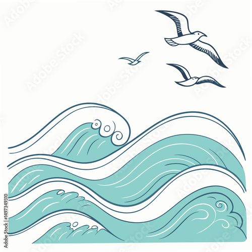 Artistic illustration featuring stylized ocean waves and soaring seagulls with transparency for diverse design applications.