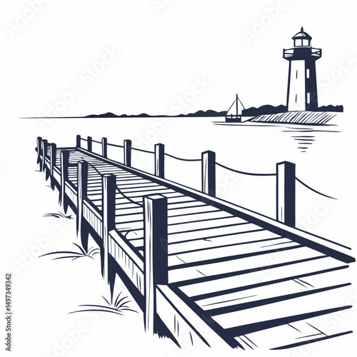 Black and white artistic illustration featuring a lighthouse pier and a sailing boat with a transparent background.