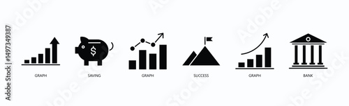 Growth Icon Set Isolated Vector With Icon Of Graph, Saving, Graph, Success, Graph, Bank In Glyph Style