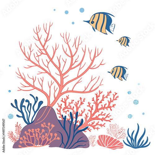 Cartoon illustration of a vibrant underwater coral reef scene with colorful fish swimming in the clear ocean