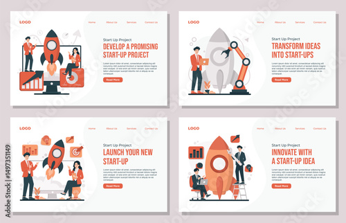 vector illustration set showcasing landing page template start-up project themes, including business growth, goal setting, teamwork, rocket launch concepts, and strategic planning for new ventures