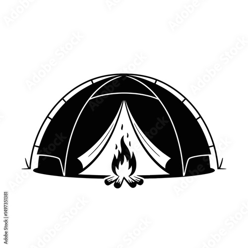 A simple black image shows a tent with a campfire in front of it.