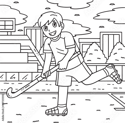 Field Hockey Male Player Running a Stick Coloring 