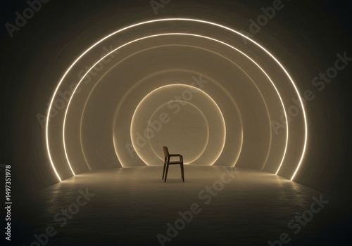 Minimalist chair in futuristic tunnel with ambient circular lighting