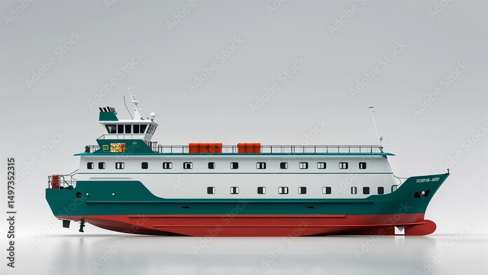 Ferryboat side profile with lower hull and upper cabins on clean white background
Ferryboat side profile with lower hull and upper cabins on clean white background