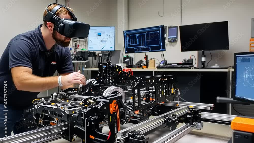Engineer using virtual reality to interact with robotic machinery in a high-tech laboratory setting