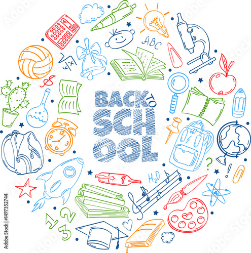 Ornament in a circle with pictograms of an educational concept. In the center there is an inscription back to school.