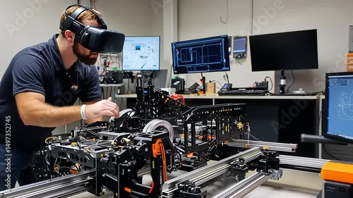 Engineer using virtual reality to interact with robotic machinery in a high-tech laboratory setting