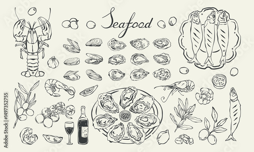 Seafood hand drawn elements and dishes set. Mediterranean Italian seafood vintage vector illustration. Line art oysters, shrimp, mussels, fish, olives, and wine for menu, invitation, poster, card.
