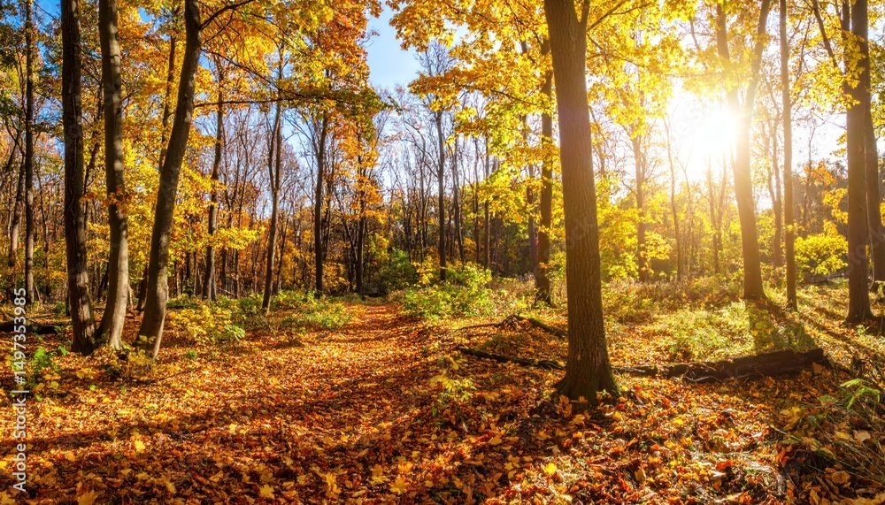 Obraz premium Autumnal Radiance: Sunlight Filters Through a Forest Canopy of Golden Leaves