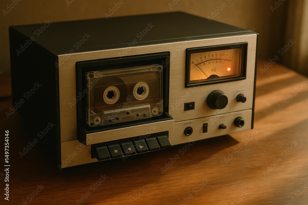 Fototapeta premium Vintage cassette tape recorder on wooden table with analog vu meter and classic controls