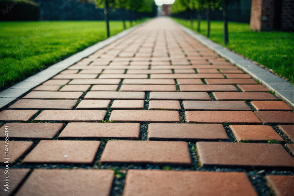 Obraz premium A path made of bricks lies in the midst of a lush green field, surrounded by nature