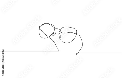 Continuous single line drawing of eyeglasses or sunglasses. Eyeglasses and sunglasses symbol, Hand drawn linear silhouette icon. Design, print, banner, card, poster, brochure.