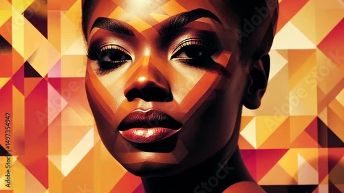 Black woman overlaid with geometric patterns, symbolizing Black History Month and Juneteenth pride.