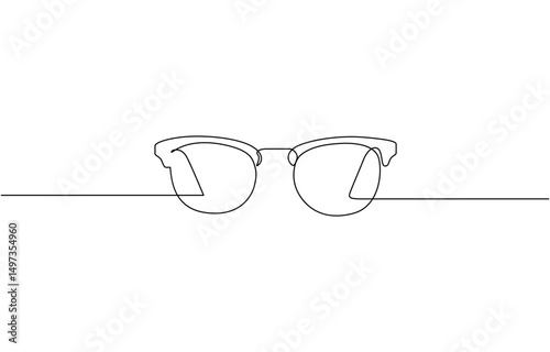 Continuous single line drawing of eyeglasses or sunglasses. Eyeglasses and sunglasses symbol, Hand drawn linear silhouette icon. Design, print, banner, card, poster, brochure.