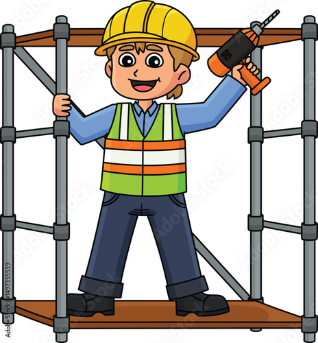 Construction Worker on Scaffolding Cartoon Clipart