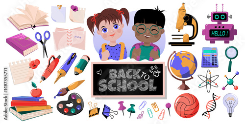 Set of drawings on the topic of education. The concept of primary and secondary education, back to school. Happy schoolchildren and educational supplies.
