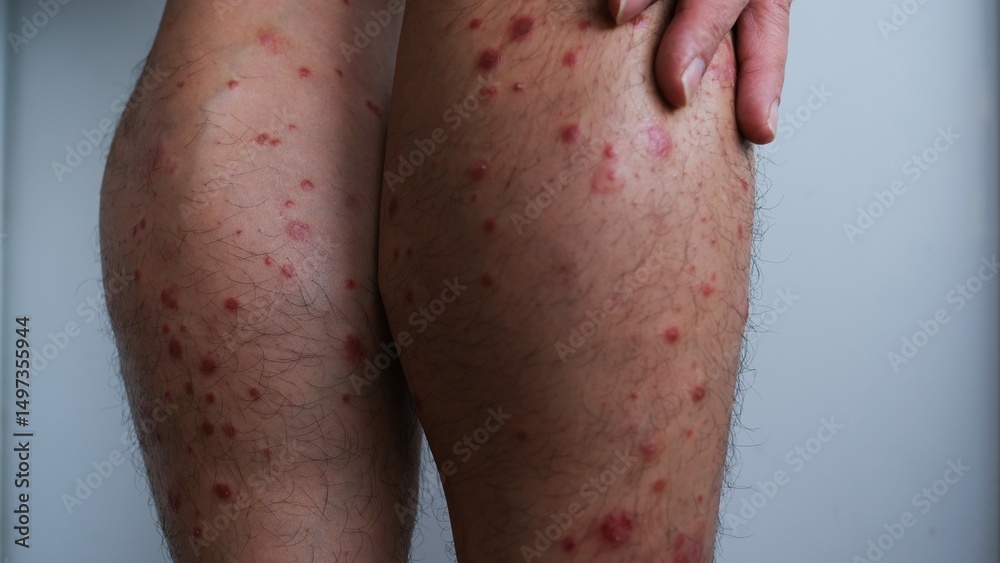 Fototapeta premium A man with chronic small plaque Psoriasis on his legs.