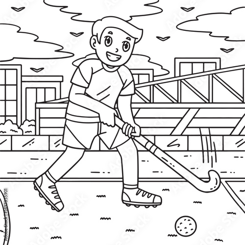 Field Hockey Male Player Ready Hit Ball Coloring