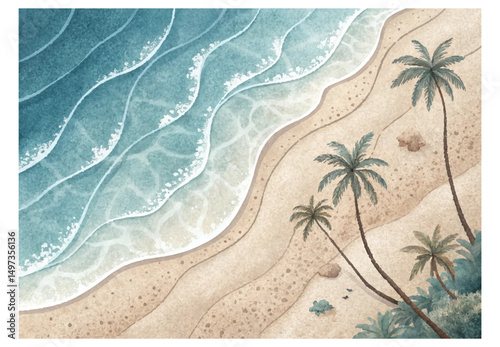 Calm beach landscape from above: gentle texture of soft sand and transparent sea waves