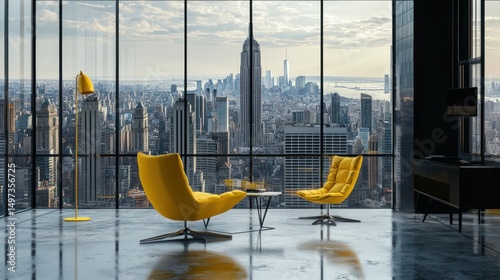 Penthouse Cityscape View: Luxury Apartment with Stunning Yellow Chairs