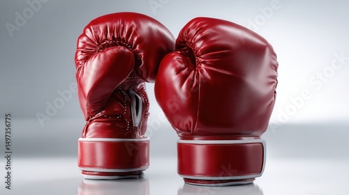 Two red boxing gloves are shown in a close up