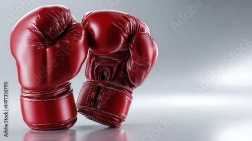 Two red boxing gloves are shown on a grey background