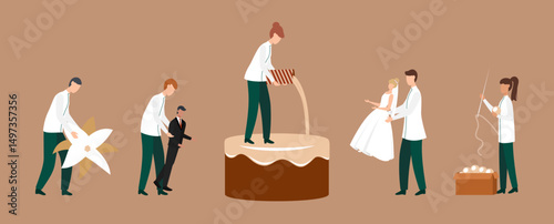 Cartoon Color Tiny Characters People Make Wedding Cake Concept Flat Design Style. Vector illustration of Decorating Dessert