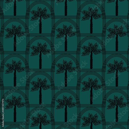Mobile Summer  seamless pattern tropical  palm tree with in arch modern vector summer  geometric print for wallpaper, textile design , repeat background .