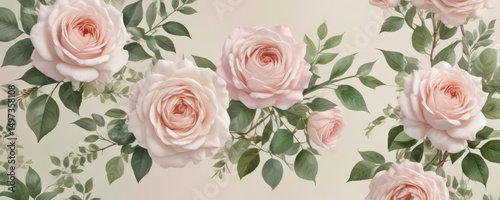 Delicate watercolor roses & leaves, soft blush pink & green hues,  rose,  delicate,  bloom