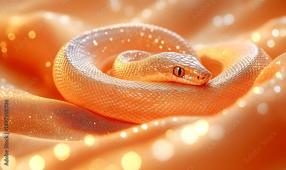 Fototapeta premium Snake coiled on orange fabric with glittering light particles, creating a serene and ethereal composition