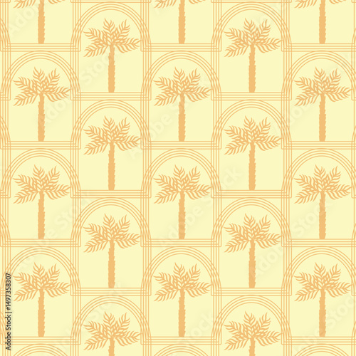 Mobile Summer  seamless pattern tropical  palm tree with in arch modern vector summer  geometric print for wallpaper, textile design , repeat background .