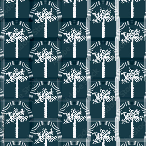 Mobile Summer  seamless pattern tropical  palm tree with in arch modern vector summer  geometric print for wallpaper, textile design , repeat background .