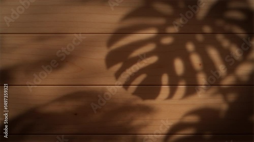 4K Seamless loop of monstera leaf shadows on wooden surface, natural light animation with copy space, botanical background texture, tropical overlay for graphic design, motion graphics, and video use
