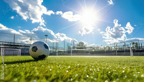 Soccer ball on a vibrant green field, near the edge of a stadium. A sunny day with a beautiful sky
