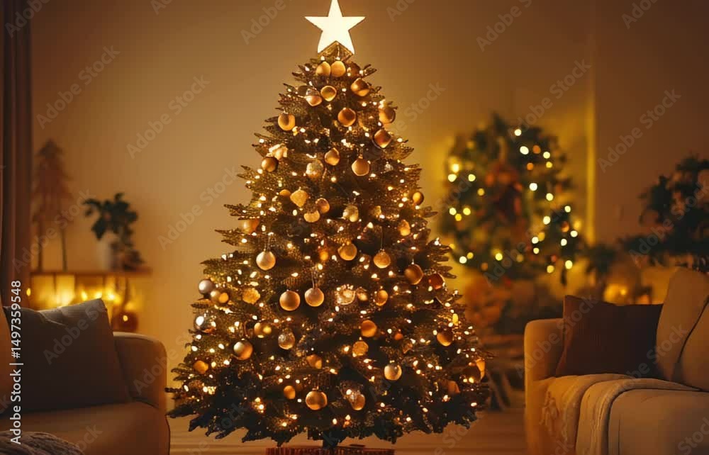 Christmas tree. Festive decor. Warm lights. Ornaments gold. Living room. Cozy atmosphere. Holiday celebration. Family gathering. Winter season. Seasonal background. Interior design. Home decoration. 