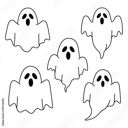 Cute Ghost Collection Line Art Vector Halloween Cartoon