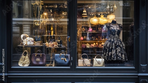 Elegant Boutique Window Display: Luxury Handbags and Dress