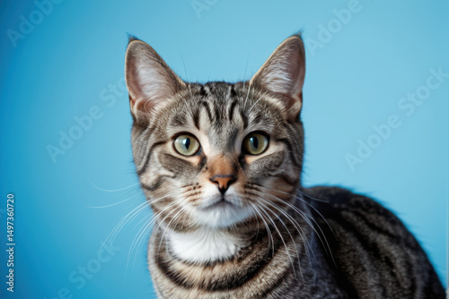 A domestic cat sits comfortably on a blue surface, its bright green eyes fixed on something