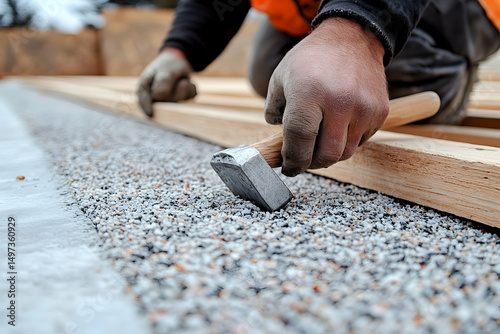 Worker hammering gravel floor under wooden joists