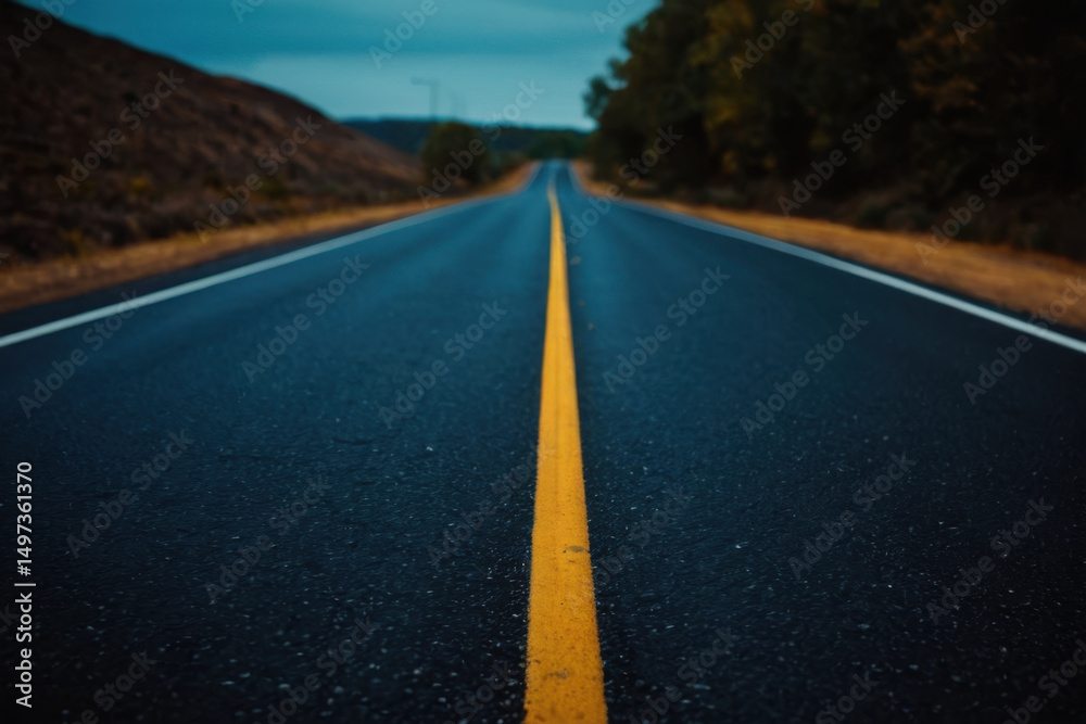 Obraz premium A straight empty road with a yellow line marking the center, suitable for travel or infrastructure-related projects