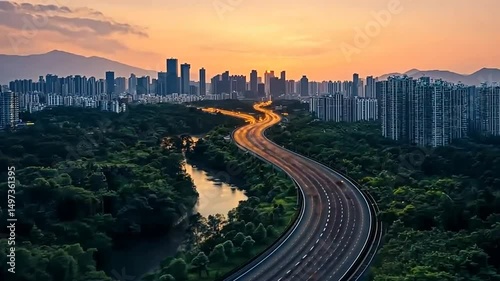 Urban highway weaves through verdant cityscape at dusk