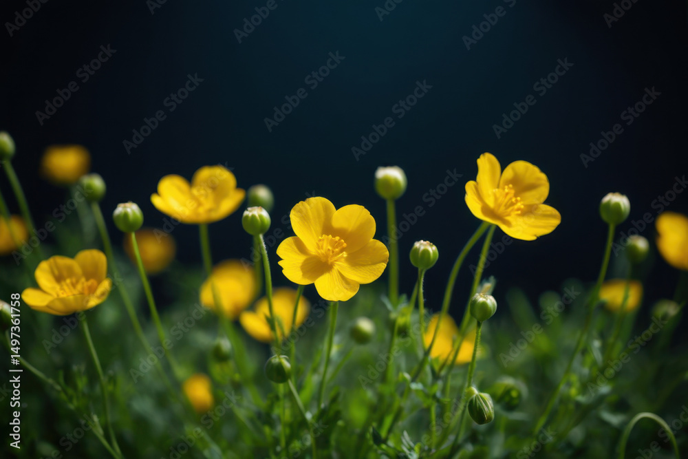 Fototapeta premium A bright bouquet of yellow flowers growing wild in a green meadow