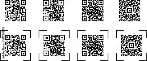 Set QR Codes Black Scannable Data Matrix Digital Codes. Vector illustration transparent background